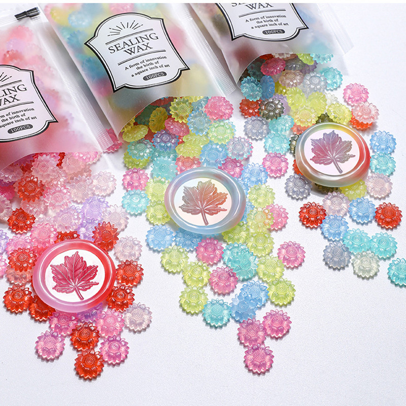 Wax Seal Stamp Set - 100pcs ดอกทานตะวันโปร่งแสงซีลขี้ผึ้งลูกปัด DIY ซองจดหมายเชิญงานแต่งงาน Scrapbooking กระพริบซีลแสตมป์
